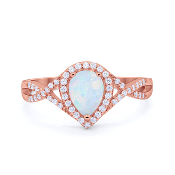Teardrop Wedding Promise Ring Infinity Round Rose Tone, Lab White Opal 925 Sterling Silver